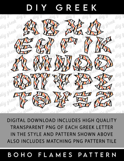 Boho Flames Greek Alphabet, Full Set Transparent PNG for Sorority DIY Designs, High Resolution Greek Alphabet Sorority Letters