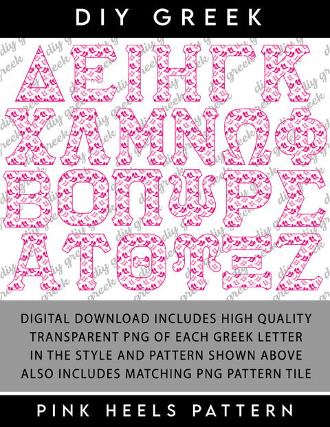 Pink Heel Greek Alphabet, Full Set Transparent PNG for Sorority DIY Designs, High Resolution Greek Alphabet Sorority Letters