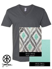 Asphalt V-Neck With Indie Ikat Fabric On Light Mint Twill - JennaBenna