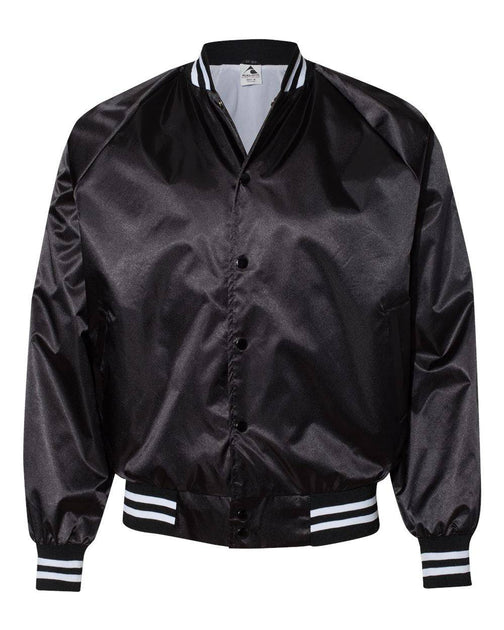 Fabric Greek Letter Avery Satin Baseball Jacket with Striped Trim