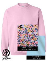 Light Pink Crewneck Sweatshirt Floral Les Fleur Pink & Gold On Light Blue Satin - JennaBenna