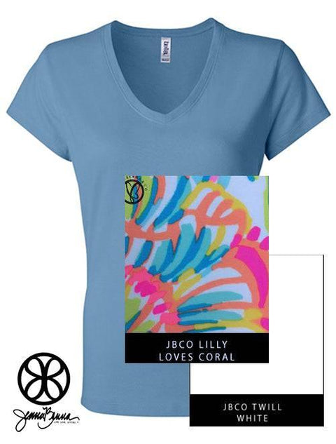 Ocean Slim V Neck With Lilly Loves Coral On White Twill - JennaBenna