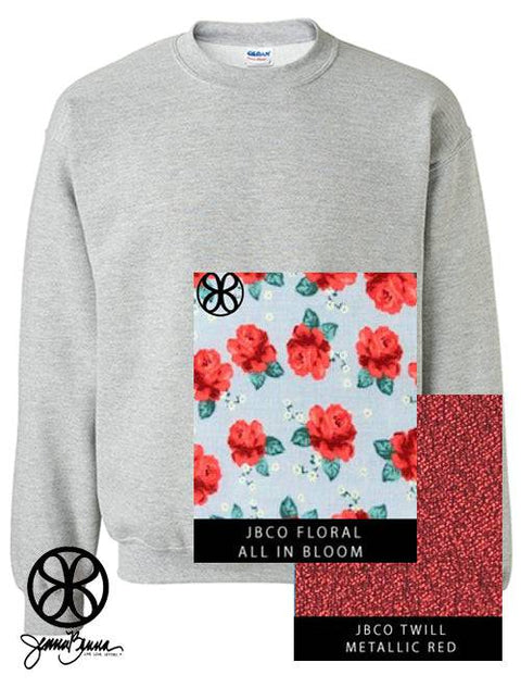 Sport Grey Crewneck Sweatshirt With Floral All In Bloom On Metallic Red - JennaBenna