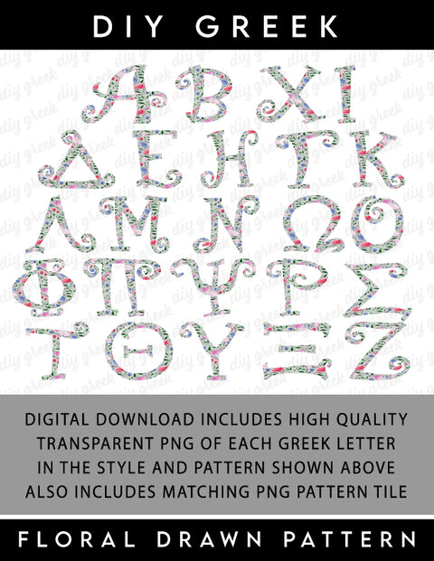 Floral Drawn Greek Alphabet, Full Set Transparent PNG for Sorority DIY Designs, High Resolution Greek Alphabet Sorority Letters