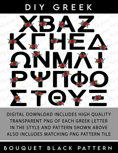 Bouquet Black Greek Alphabet, Full Set Transparent PNG for Sorority DIY Designs, High Resolution Greek Alphabet Sorority Letters