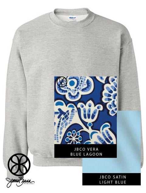 Ash Crewneck Sweatshirt With Vera Blue Lagoon and Light Blue Satin - JennaBenna