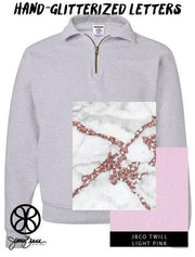 Ash Quarter Zip With Hand Glitterized Marble Goldrush Cathedral On Light Pink Twill - JennaBenna