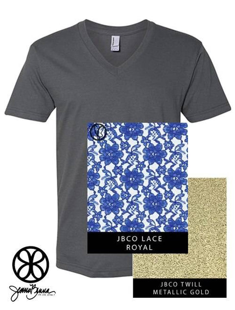 Asphalt V-Neck With Royal Lace Fabric On Metallic Gold Twill - JennaBenna