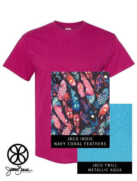 Berry Crewneck With Indie Navy Coral Feathers On Metallic Aqua Twill - JennaBenna