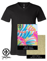 Black V-Neck With Lilly Loves Coral On Metallic Gold Twill - JennaBenna