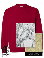 Cardinal Red Crewneck Sweatshirt With Marble Frosted On Metallic Gold Twill - JennaBenna