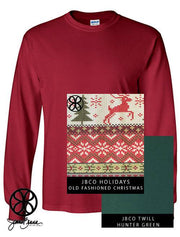Cardinal Red Long Sleeve With Old Fashioned Christmas On Hunter Green Twill - JennaBenna