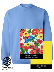 Carolina Blue Crewneck Sweatshirt With Floral Spike Coral On Maize Twill - JennaBenna