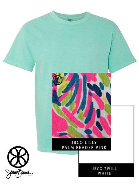 Chalky Mint Crewneck With Lilly Palm Reader Pink On White Twill - JennaBenna