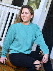 Chambray Sweatshirt With Floral Les Fleur Sage On Light Coral Twill - JennaBenna