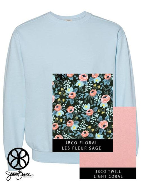 Chambray Sweatshirt With Floral Les Fleur Sage On Light Coral Twill - JennaBenna