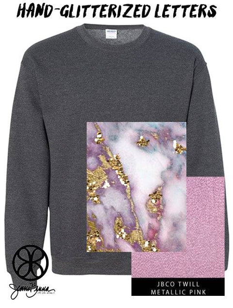 Dark Heather Crewneck Sweatshirt With Hand Glitterized Marble Goldrush Merlot On Metallic Pink Twill - JennaBenna