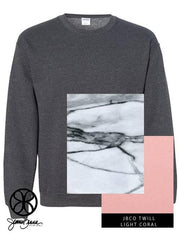 Dark Heather Crewneck Sweatshirt With Marble Carrara On Light Coral Twill - JennaBenna