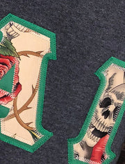 Dark Heather Grey Crewneck Sweatshirt With Skulls & Roses On Kelly Green Twill - JennaBenna