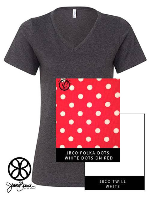 Dark Heather Grey V-Neck With White Dots on Red Fabric On White Twill - JennaBenna