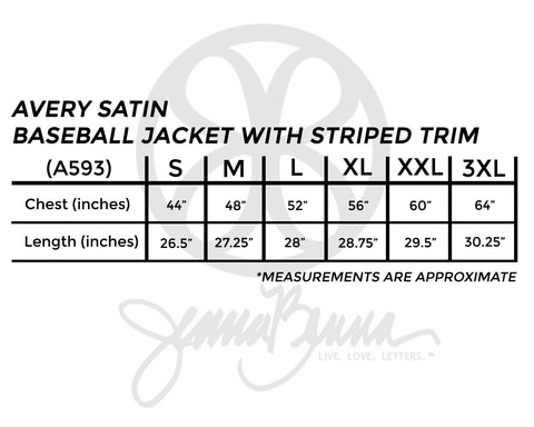 Fabric Greek Letter Avery Satin Baseball Jacket with Striped Trim - JennaBenna