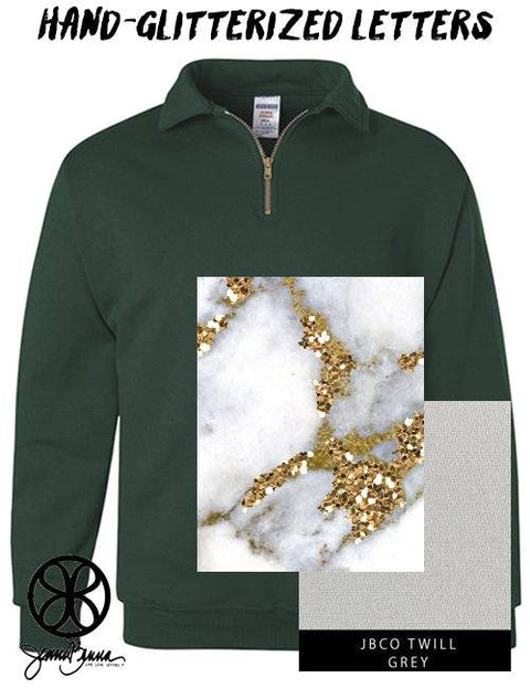 Forest Green Quarter Zip With Hand Glitterized Marble Majestic White Gold On Grey Twill - JennaBenna