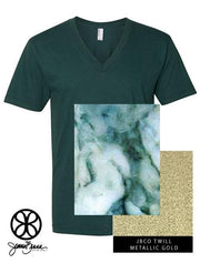 Forest Green V-Neck With Glacier Marble On Metallic Gold Twill - JennaBenna
