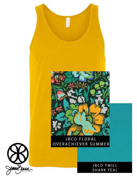 Gold Unisex Tank With Floral Overachiever Summer On Shark Teal Twill - JennaBenna