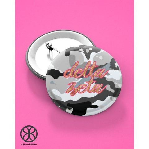 Grey Camo Button With Pink And Gold Greek Font - JennaBenna
