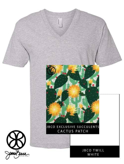 Heather Grey V-Neck With Succulents Cactus Patch On White Twill - JennaBenna