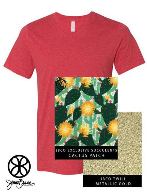 Heather Red V-Neck With Cactus Patch Succulents On Metallic Gold Twill - JennaBenna
