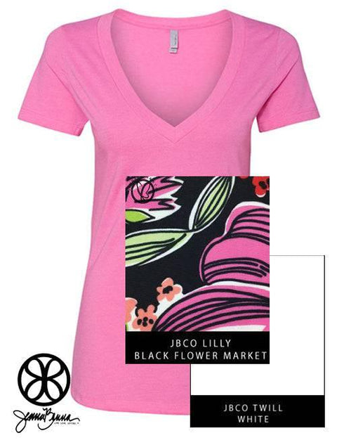 Hot Pink Deep V-Neck With Lilly Black Flower Market On White Twill - JennaBenna