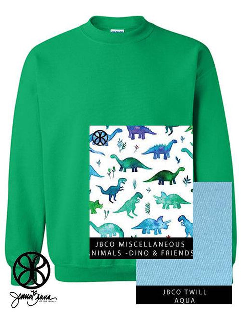 Irish Green Crewneck Sweatshirt With Must Haves Dino And Friends On Aqua Twill - JennaBenna