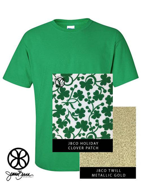 Irish Green Crewneck With St. Patrick's Clover Patch On Metallic Gold Twill - JennaBenna