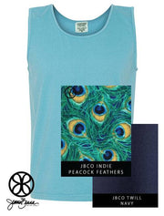 Lagoon Blue Tank With Indie Peacock Feathers On Navy Blue Twill - JennaBenna