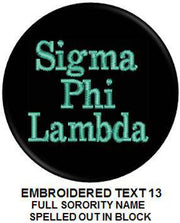 Large Embroidered Block Text Sorority Pin Back Button - Design 13 - JennaBenna