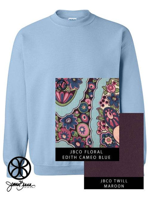 Light Blue Crewneck Sweatshirt With Floral Edith Cameo Blue On Maroon - JennaBenna