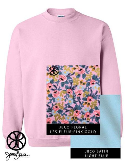 Light Pink Crewneck Sweatshirt Floral Les Fleur Pink & Gold On Light Blue Satin - JennaBenna