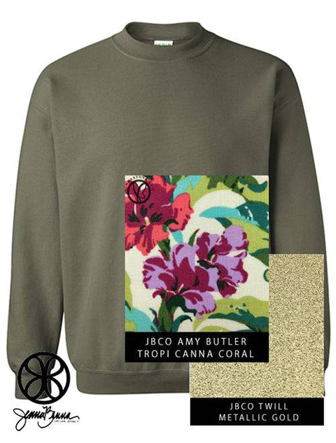 Military Green Crewneck Sweatshirt With Amy Butler Tropi Cana Coral On Metallic Gold Twill - JennaBenna