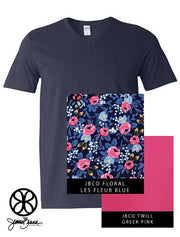Navy Blue V-Neck With Floral Les Fleur Blue On Greek Pink Twill - JennaBenna