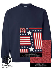 Navy Crewneck Sweatshirt With Patriotic Patchwork On Metallic Red Twill - JennaBenna