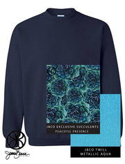 Navy Crewneck Sweatshirt With Succulents Peaceful Presence On Metallic Aqua Twill - JennaBenna