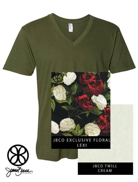 Olive V-Neck With Floral Lexi On Cream Twill - JennaBenna