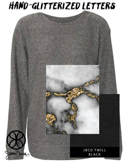 Oxford Grey Crewneck Sweatshirt With Hand Glitterized Marble Goldrush Dusk On Black Twill - JennaBenna