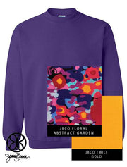 Purple Crewneck Sweatshirt With Floral Abstract Garden On Gold Twill - JennaBenna