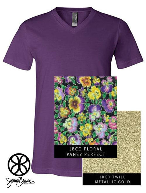 Purple V-Neck With Pansy Perfect Floral On Metallic Gold Twill - JennaBenna