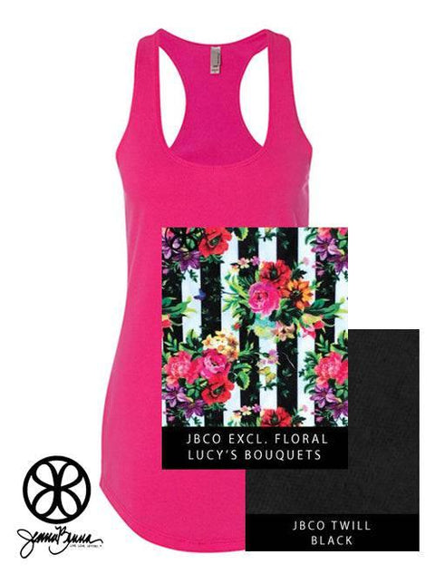 Raspberry Ladies Tank Top With Lucy's Bouquet Floral On Black Twill - JennaBenna