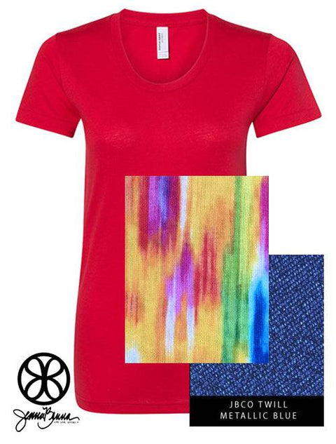 Red Crewneck With Color Luscious Vivid Abstract Warm On Metallic Blue Twill - JennaBenna
