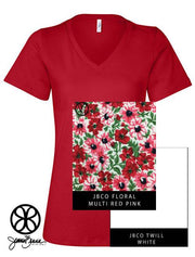Red V-Neck With Floral Multi Red Pink On White Twill - JennaBenna