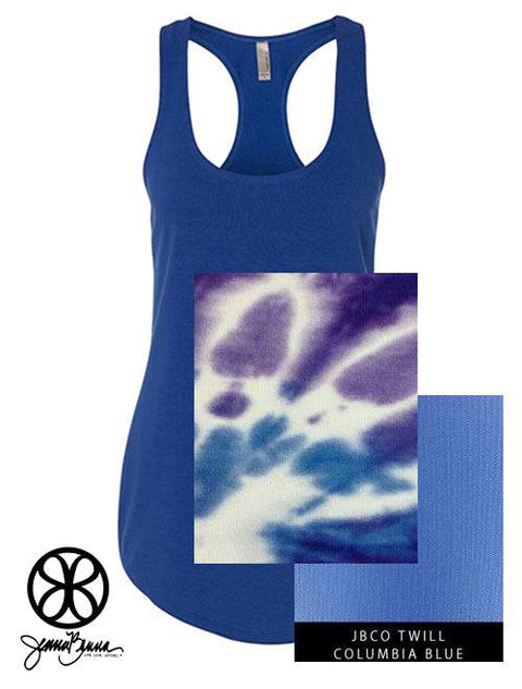Royal Blue Ladies Tank Top With Tie Dye Purple Ice On Columbia Blue Twill - JennaBenna